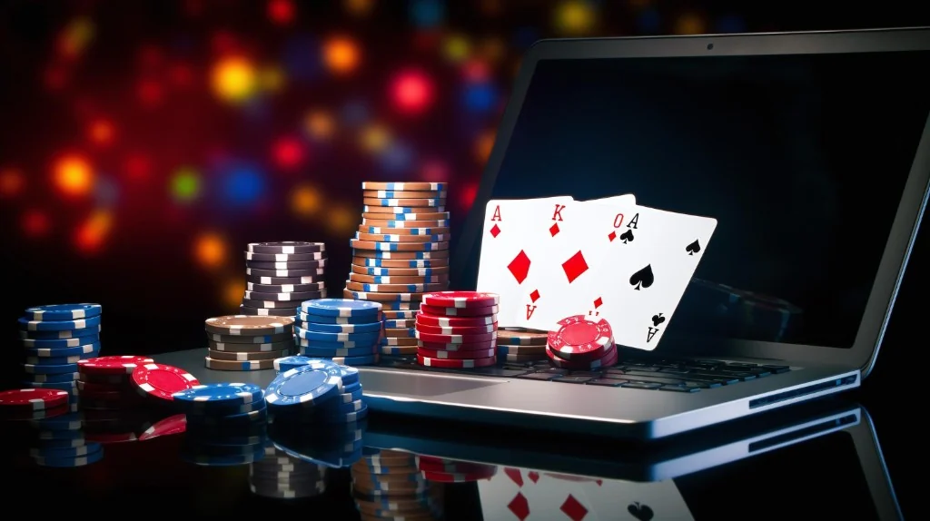 Laptop with casino playing cards and poker chips—hero visual for Bearbrick888 Malaysia casino articles and guides.