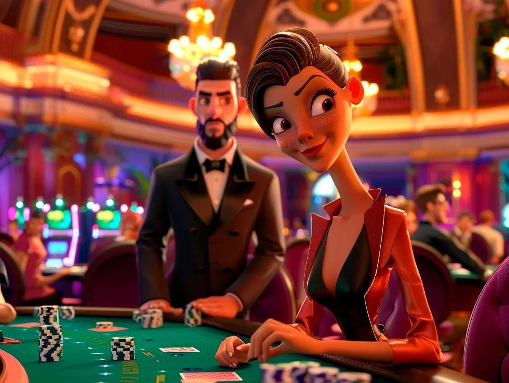 Stylised 3D live baccarat table with a female player and male dealer, green felt, chips and cards in a warm luxury casino setting.