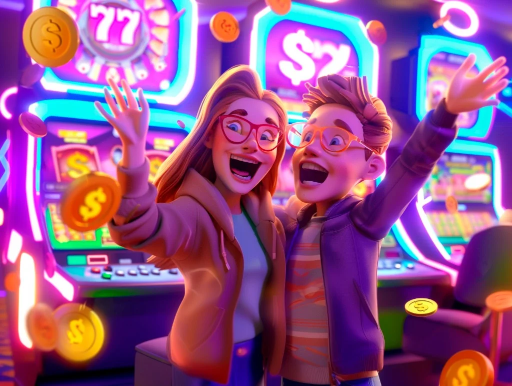 Stylised 3D players celebrating wins with neon slot machines and gold coins — bonus promotions themed illustration.