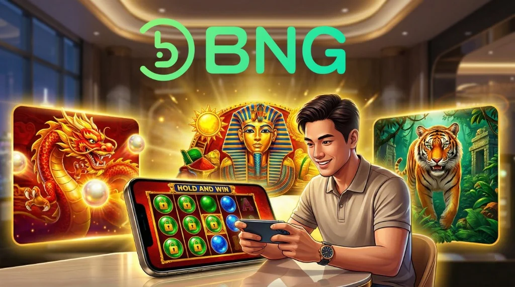 BNG Booongo neon logo above a Malaysian player on mobile in a premium lounge; panels show 15 Dragon Pearls dragon, Sun of Egypt pharaoh, Tiger Jungle tiger; foreground phone displays Hold and Win pearls.