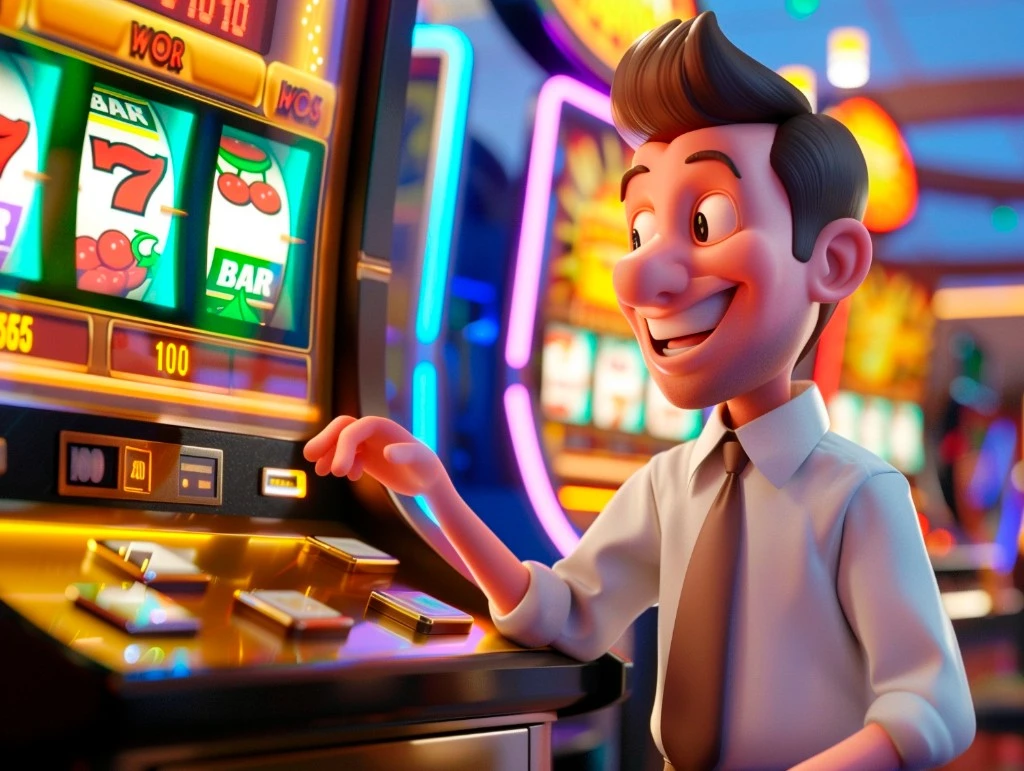 A cheerful illustrated player in a white shirt and tie at a glowing slot machine with classic symbols in a colourful casino setting.