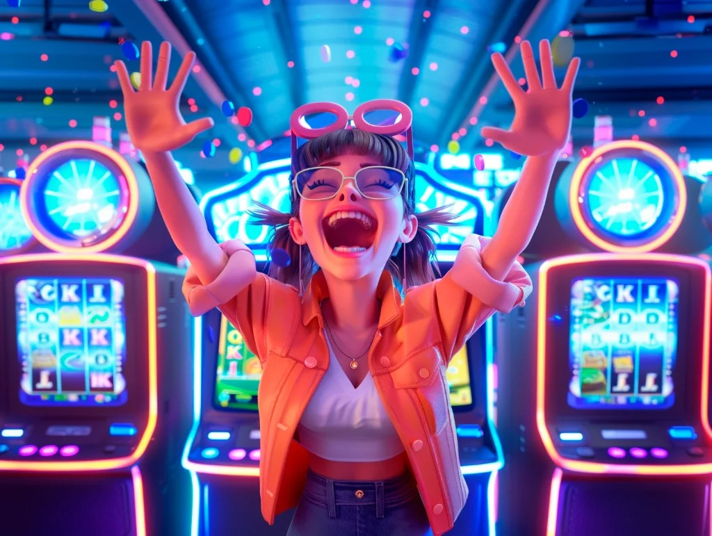 Stylised 3D player celebrating a big win with arms raised among neon slot machines, blue and magenta lights — withdrawals and cash-out themed illustration.