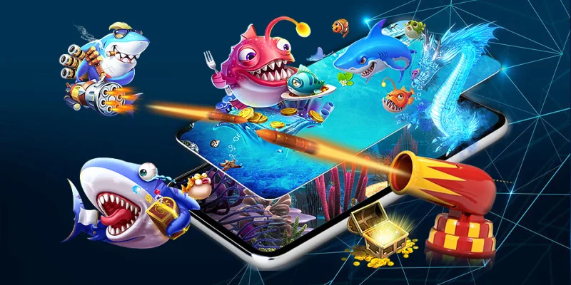 Colourful 3D fish-shooter collage: phones showing an underwater scene, cartoon sharks, anglerfish, a cannon firing, treasure chests, and glowing projectiles on a dark blue wireframe background.